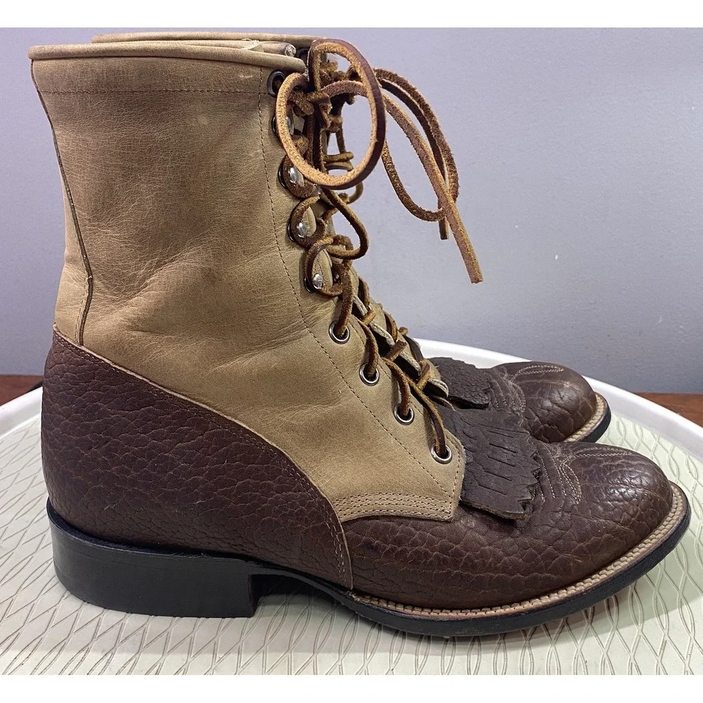 Justin Men's Vintage Leather Kiltie Lacer Brown&Tan Lace-up Boots USA 7.5 D